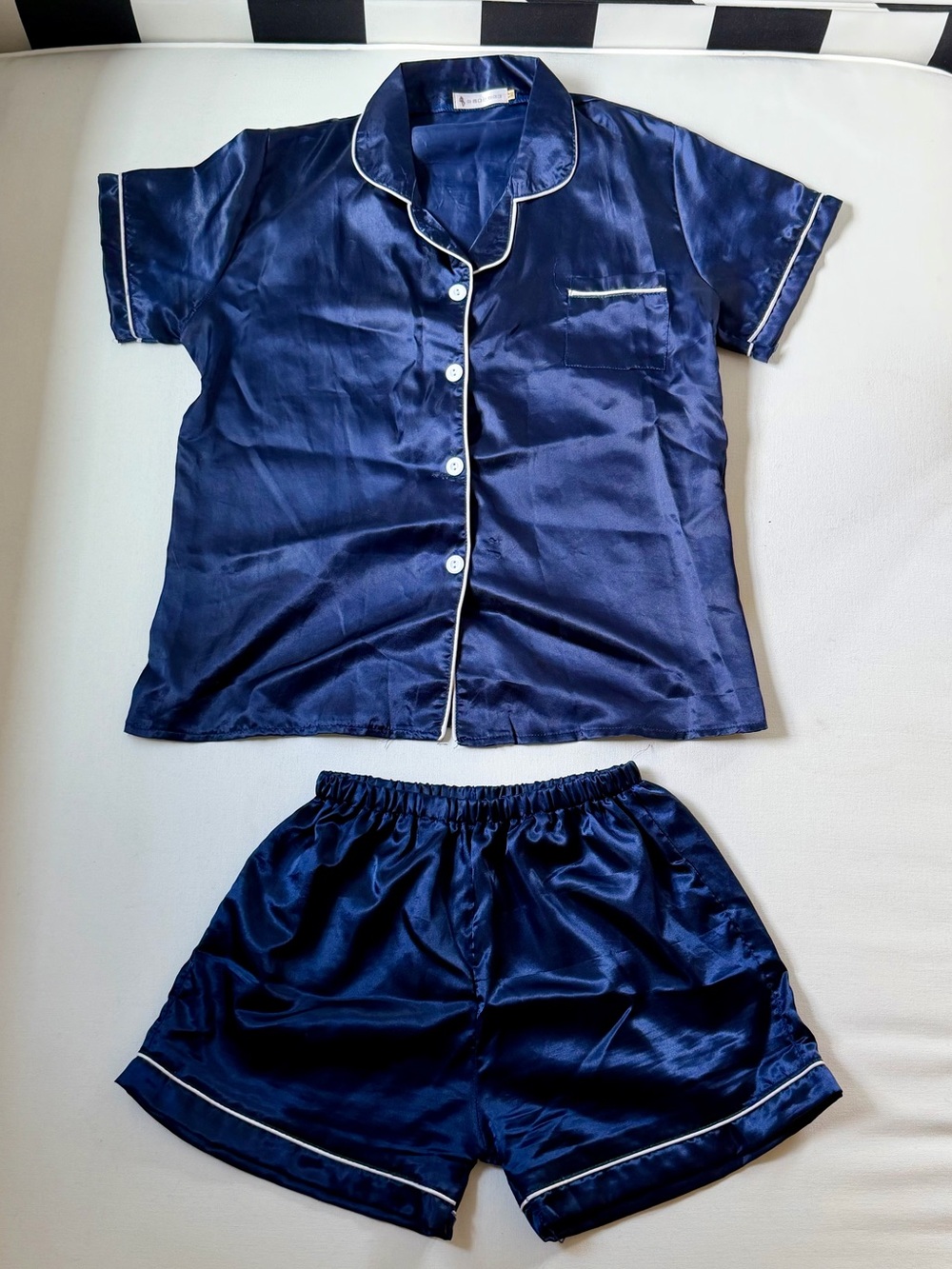 Navy Satin Pajama Set with Contrast Piping - Picture 3 of 8
